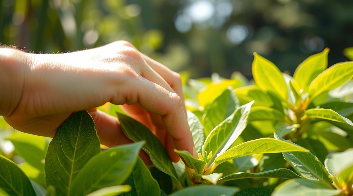 Mano che tocca foglie verdi